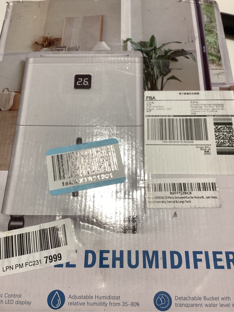 Condition photo showing New/Like New for DEVERSE Max 25 Pints Dehumidifier for Home/Bedroom/Basement, 1500 Sq.Ft Coverage, with Drain Hose, Smart Humidity Control & Large Tank