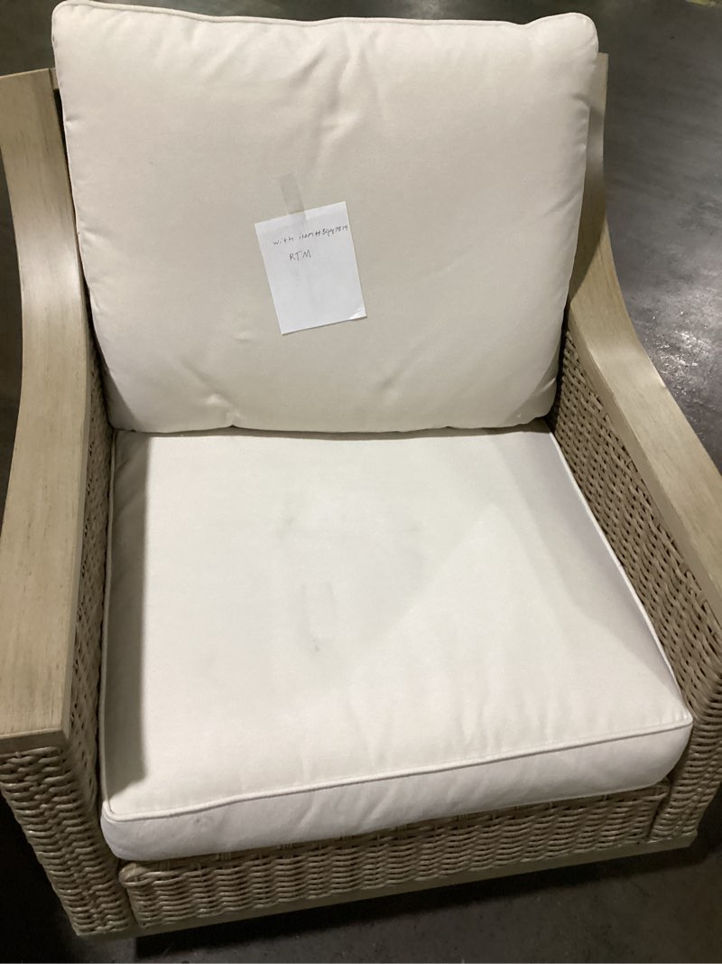 Condition photo showing As Is for allen + roth rosedale set of 2 woven tan steel frame swivel conversation chair with off-white cushioned seat