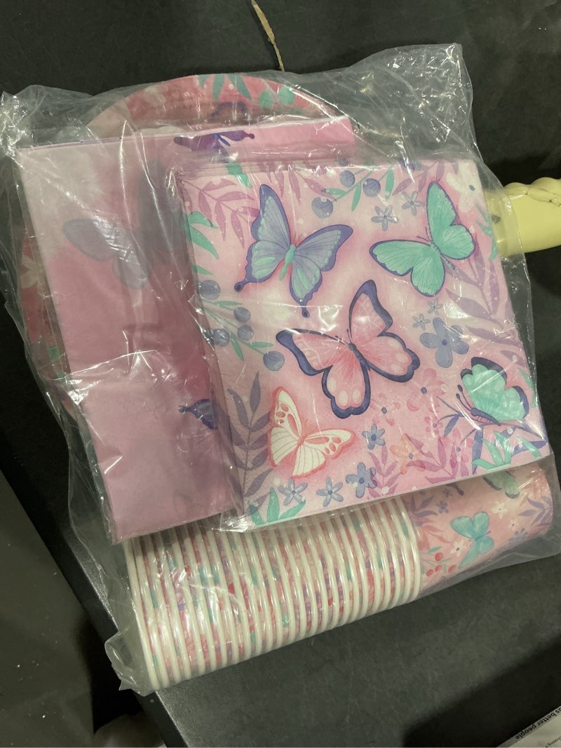 Condition photo showing Good Condition for Butterfly Birthday Party Supplies Disposable Paper Plates Napkins Cups Tablecloth and Banner for Butterfly Girl Party Birthday Decorations, Serve 25