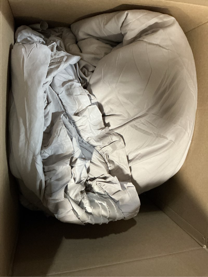 Condition photo showing As Is for WONGS BEDDING Grey Textured Comforter Set King,3 Pieces Ruffle Farmhouse Shabby Chic Comforter for King Bed,Soft Seersucker Boho Bedding Set with 1 Ruffle Comforter,2 Tufted Pillowcases 104"×90" King Grey