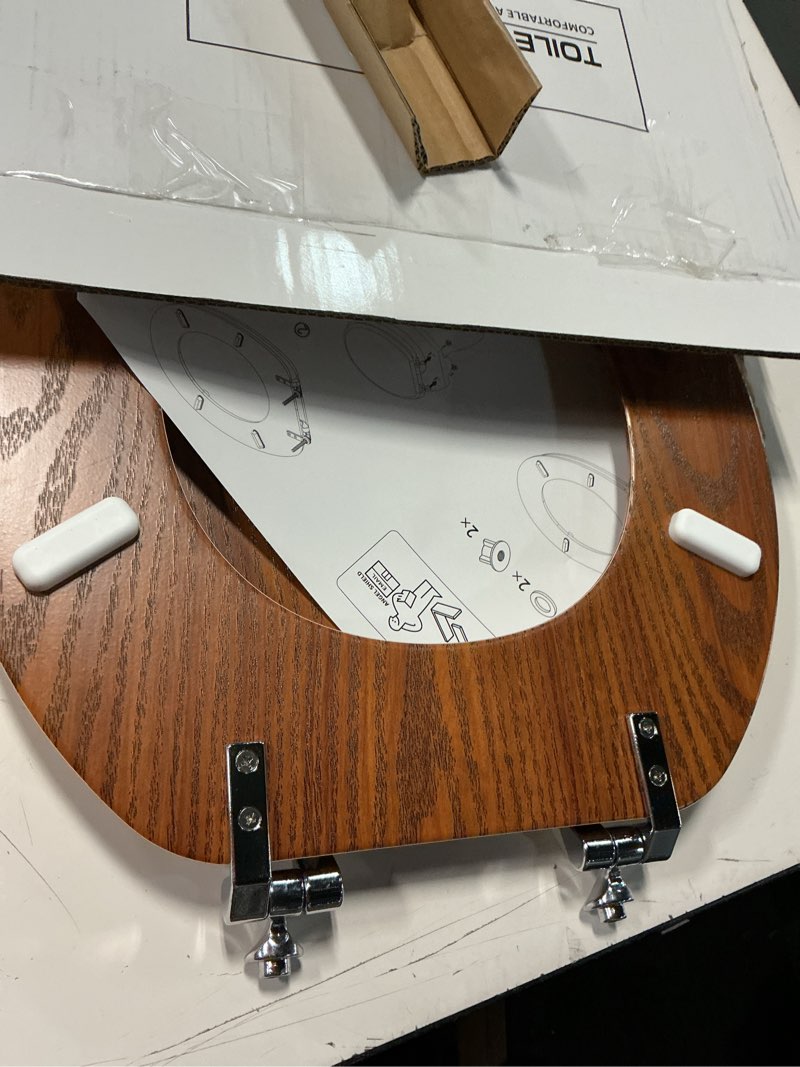 Condition photo showing As Is for white round toilet seat natural wood toilet seat with zinc alloy hinges, easy to install also easy to clean, scratch resistant toilet seat by angol shiold (round, white) round white