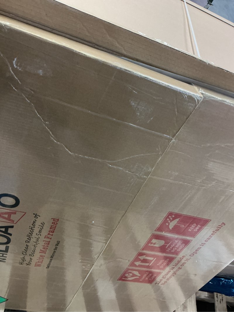 Condition photo showing Good Condition for LOAAO 40x36 Inch White Metal Framed Bathroom Mirror for Wall, White Bathroom Vanity Mirror Farmhouse, Large Rounded Rectangle Mirror, Anti-Rust, Tempered Glass, Hangs Horizontally or Vertically White 40"L x 36"W