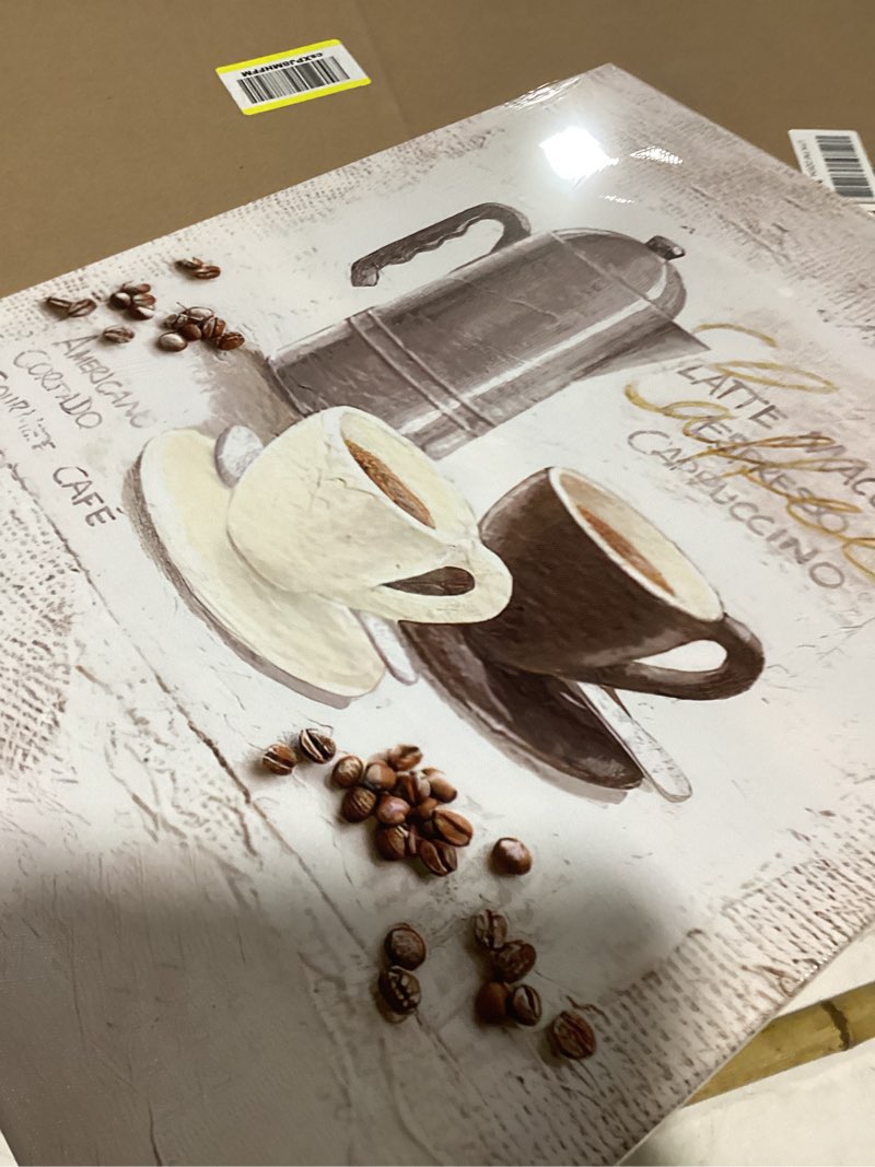 Condition photo showing Good Condition for coffee wall art - bean coffee cup pictures, rustic kitchen decor, modern framed artwork for kitchen, dining room, cafe, office - 16"x20"