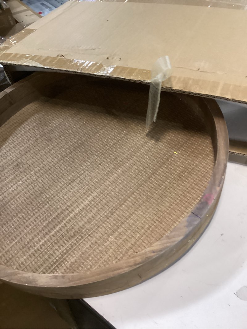 Condition photo showing As Is for Large Ottoman Tray Round, 20" Extra Large Wooden Serving Tray with Handles, Acacia Wood Decorative Tray Wooden Trays for Living Room Ottoman, Food Serving, Breakfast, Dinner, Appetizers