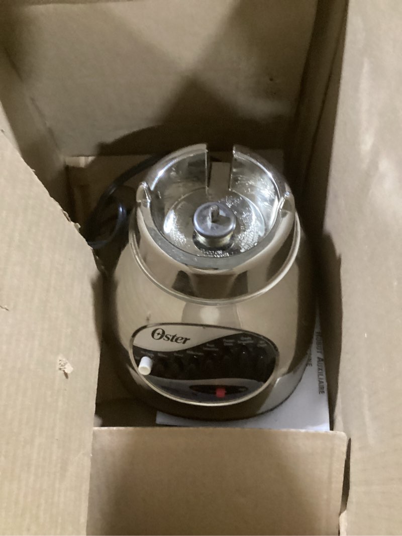 Condition photo showing As Is for (incomplete base only) oster classic series 16-speed blender with food chopper & 6-cup glass jar, countertop kitchen blender, brushed nickel black + glass jar countertop blenders