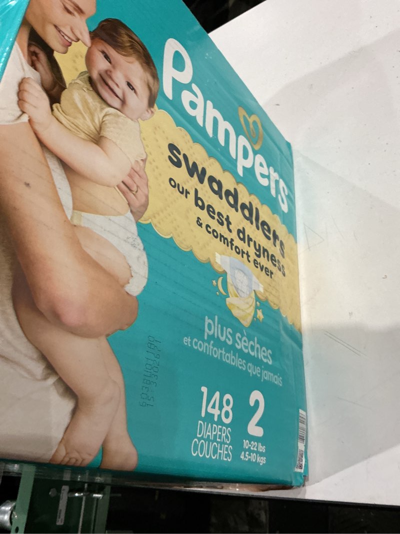 Condition photo showing New/Like New for pampers swaddlers diapers, size 2 (10-22 lbs), 148 count, absorbent, keeps baby dry and comfortable, skin safe disposable baby diaper size 2 148