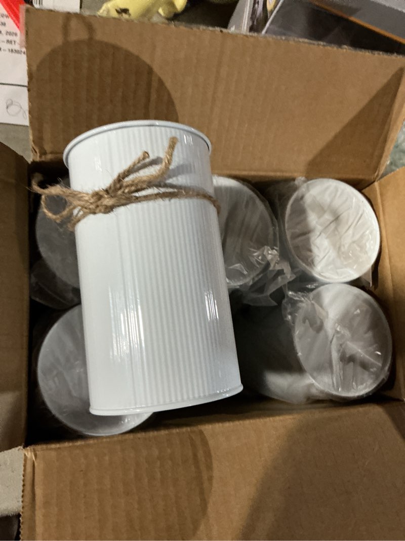 Condition photo showing Good Condition for 6" High Farmhouse Vases for Centerpiece, Rustic Mason Jars with Twine Bow for Flowers, Vintage Galvanized Metal Vase Tin Bucket for Wedding Home Decor (White, 6Pcs) 6 White