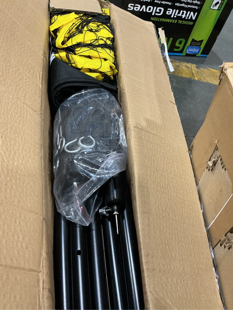Condition photo showing As Is for ultra sporting goods volleyball net - includes 32x3 feet regulation size net, 8.5-inch pu volleyball, carrying bag, boundary lines, steel poles & pump - height adjustable for men, women & co-ed games