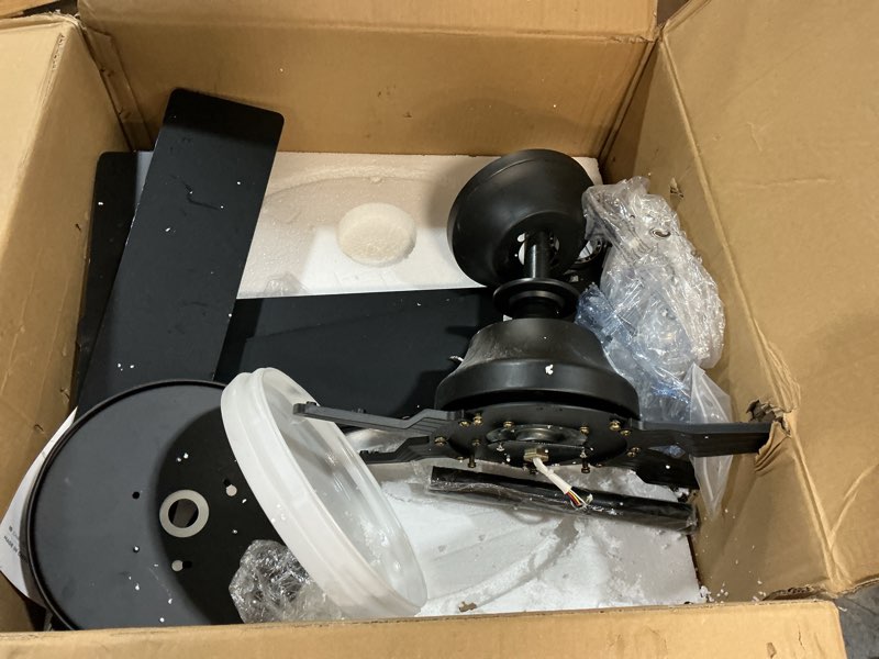 Condition photo showing As Is for ceiling fans with lights, 52 inch ceiling fan with light and remote control, reversible dc motor, 3cct, dimmable, timer, noiseless, black ceiling fan for bedroom living room, indoor/outdoor use