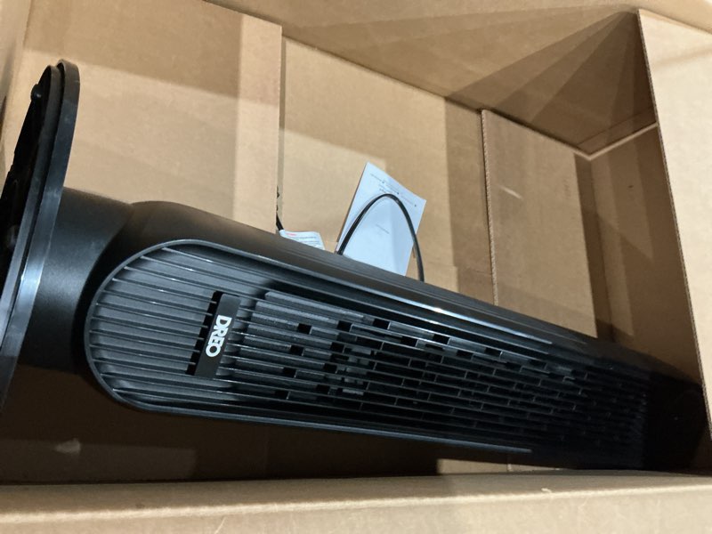 Condition photo showing As Is for dreo tower fan for bedroom, 2026 upgraded dc motor, 28ft/s high velocity, 20db ultra quiet standing fan, 8 speeds 4 modes, 90° oscillating bladeless fan for indoors, floor fans with remote, black