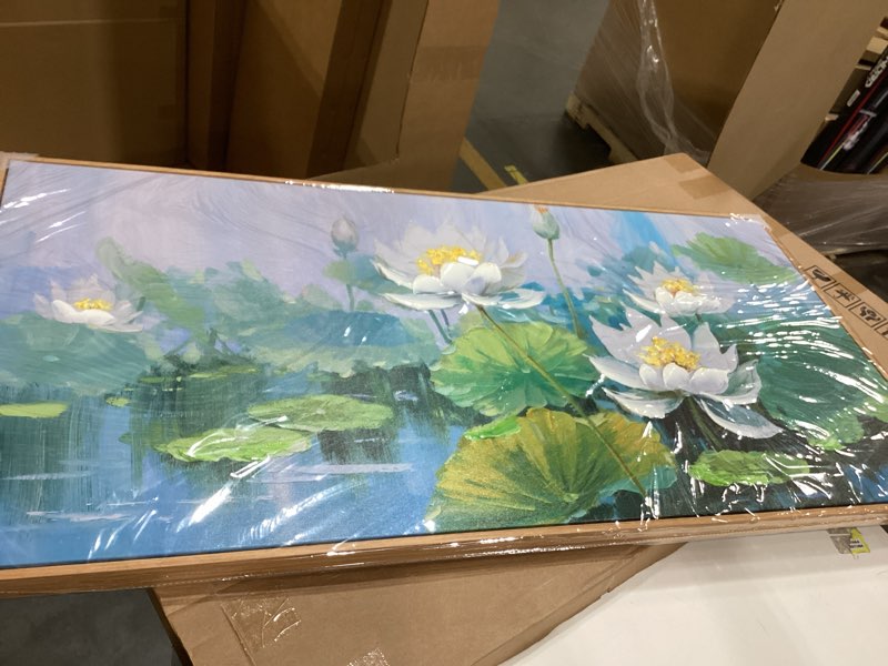 Condition photo showing Good Condition for acocifi framed white lotus landscape canvas wall art 48"x24", nature scenery sage green picture impressionistic style painting, artwork for living room bedroom dining room office home decor 48"l x 24"w lotus / wood framed