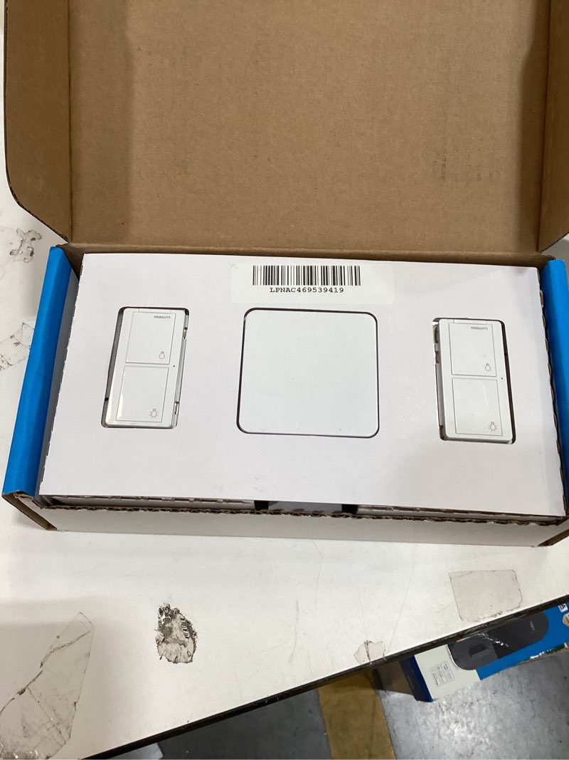 Condition photo showing As Is for lutron caseta deluxe smart light switch kit w/ wall plate and smart hub, compatible w/ alexa, apple home, google home, single-pole/3 way, 5 amp, p-bdg-pkg2ws-wh deluxe smart switch kit