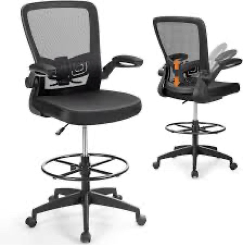 Ergonomic Drafting Chair, Tall Office Chair with Flip-up Armrests, Breathable Mesh High Desk Chair w