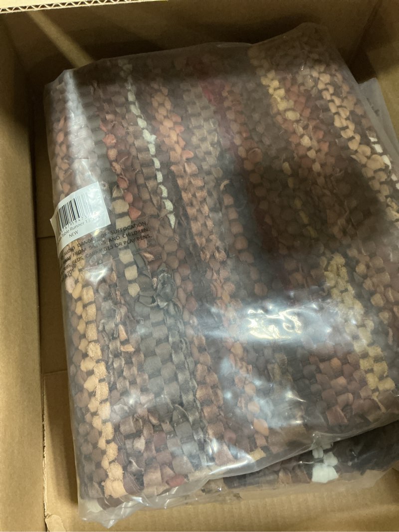 Condition photo showing New/Like New for hf by lt tucson leather table runner, 13 x 78 inches, handwoven recycled leather and soft cotton, brown 13 x 78 inches table runner