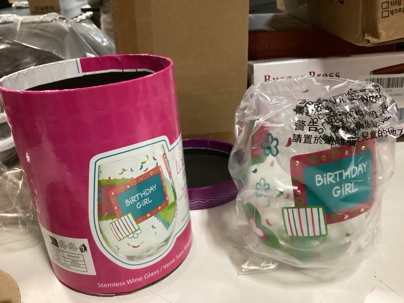 Condition photo showing New/Like New for Designs by Lolita “Birthday Girl” Hand-painted Artisan Stemless Wine Glass, 20 oz.