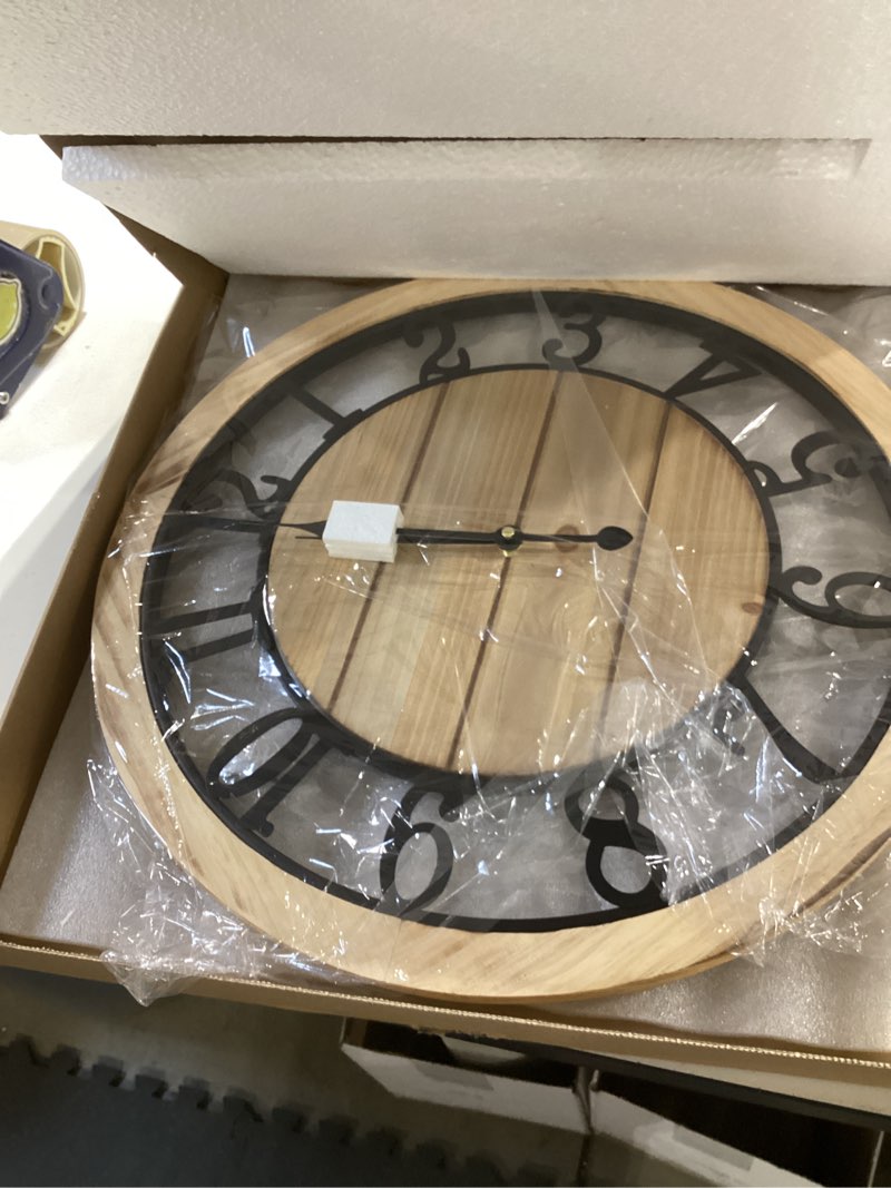 Condition photo showing Good Condition for leike 20 inch large wall clock - rustic wooden silent non-ticking wall clock with black metal frame, vintage farmhouse decorative for living room, bedroom, kitchen - arabic numerals, modern design 20 inch arabic numerals