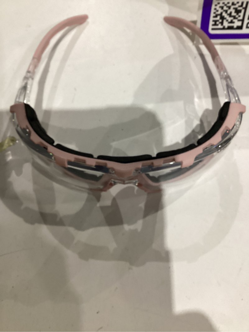 Condition photo showing As Is for UKNOW Photochromic Safety Glasses, Scratch Resistant Wraparound Lenses, Removable Foam Gasket, ANSI Z87.1 Protective Eyewear Pink