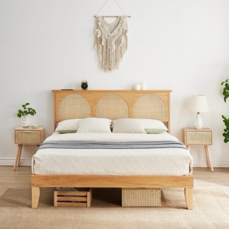 queen boho rattan bed frame, wooden bed platform with storage, smart rgb led natural rattan headboar