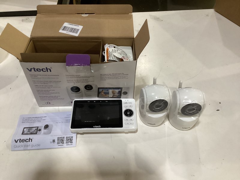 Condition photo showing New/Like New for vtech 2-cameras smart wifi baby monitor with 1080p fhd camera and 5" hd ips screen, free app with motion video, sound/motion detection and notifications, split-screen, pan-tilt-zoom: vm901-2hd