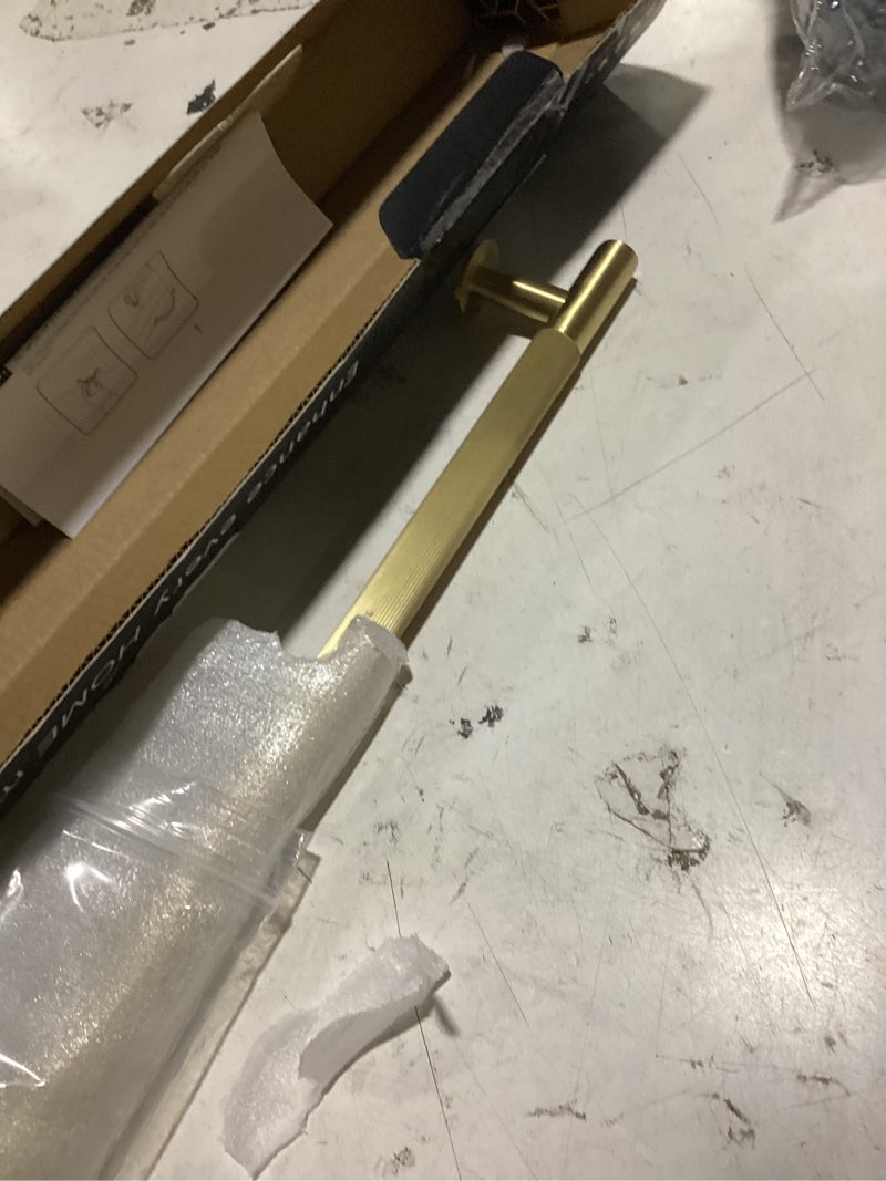 Condition photo showing As Is for qogrisun 1-pack solid brass appliance handle pull, 18 inch (457mm) hole center grooved gold cabinet pull,heavy duty brushed brass drawer handle for kitchen cabinets, cupboard, dresser– eleganza 1 18-inch(457mm)hole centers appliance pull
