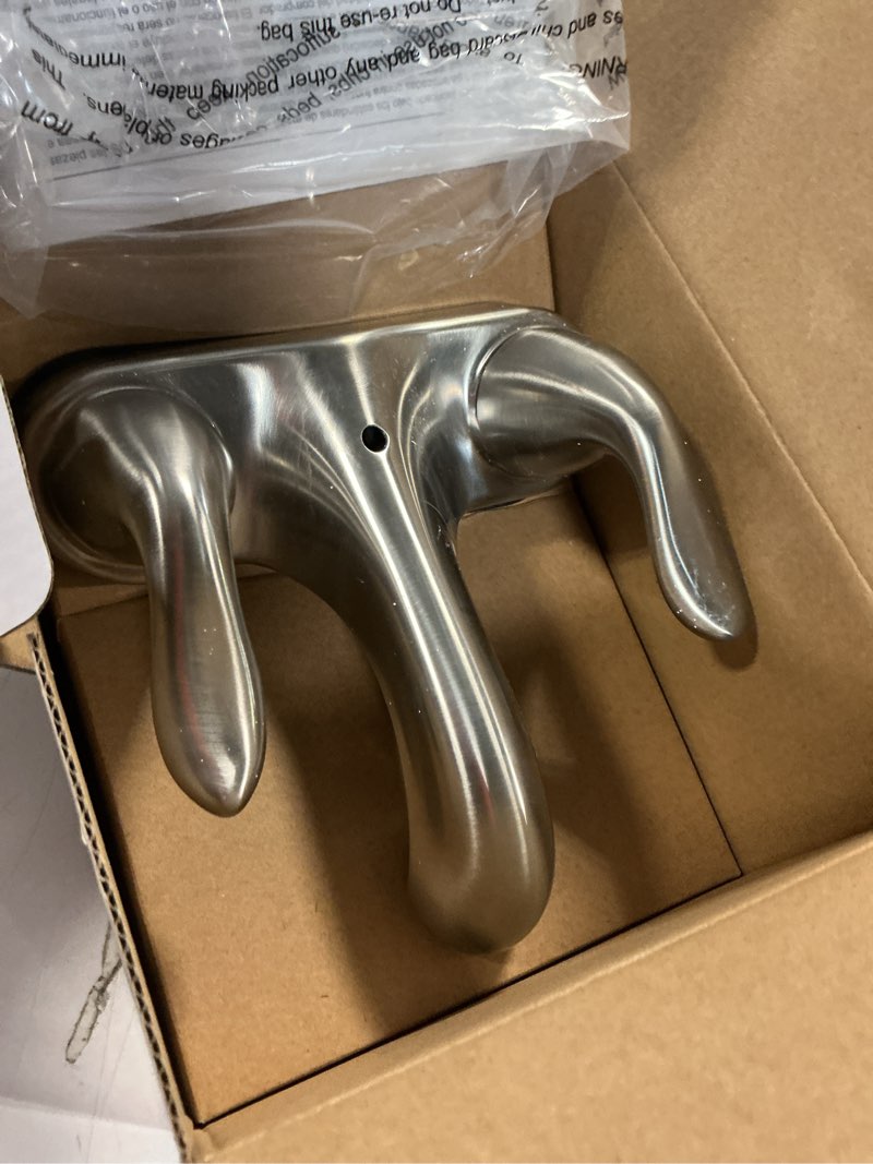 Condition photo showing Good Condition for project source satin nickel 4-in centerset 2-handle watersense low-arc residential handle bathroom sink faucet with drain with deck plate