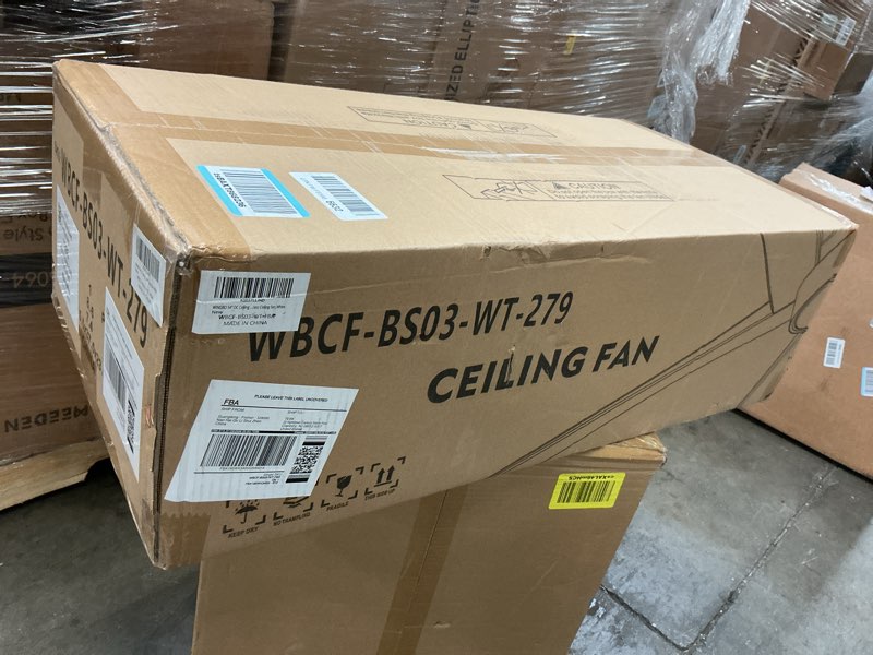 Condition photo showing New/Like New for wingbo 54 inch dc ceiling fan with lights and remote control, 5 reversible carved wood blades, 6-speed noiseless dc motor, modern ceiling fan in brass finish with white blades, etl listed