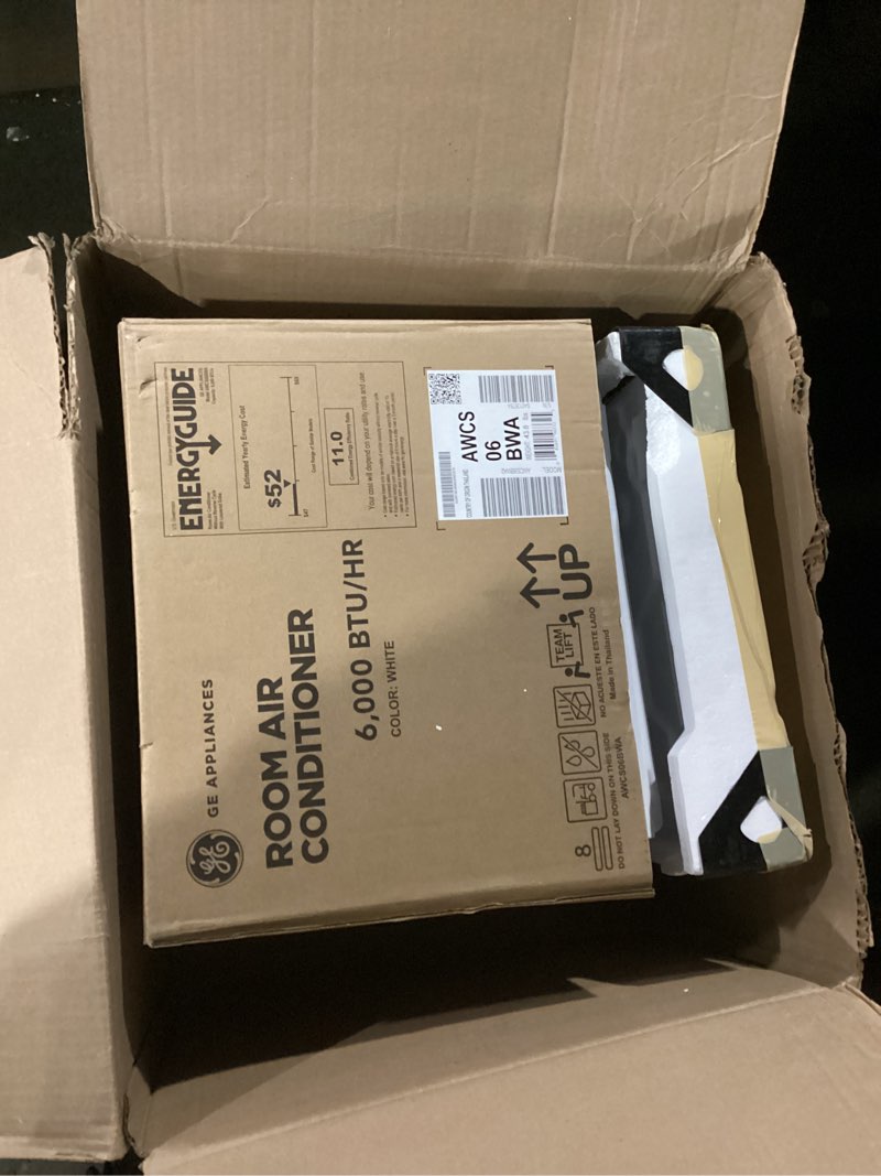 Condition photo showing As Is for ge window air conditioner unit, 6,000 btu for small rooms up to 250 sq ft. with adjustable fan and cooling settings, perfect for small bedroom or living room, easy install kit included, white new 6,000 btu electronic controls white
