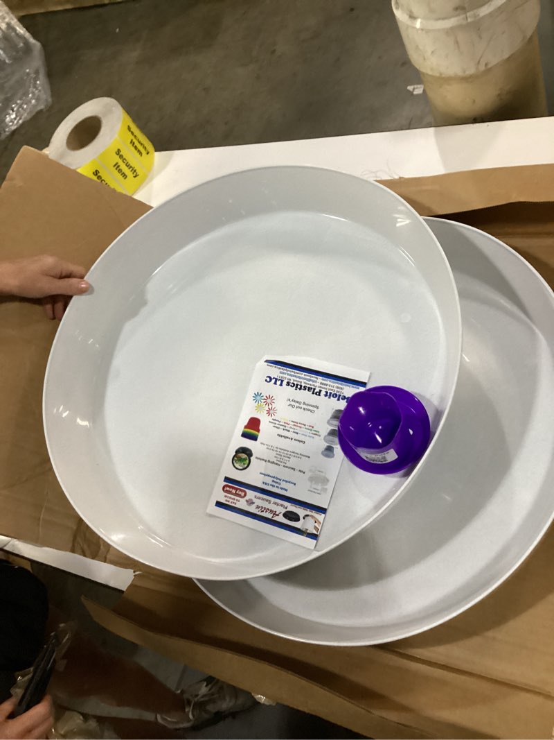 Condition photo showing New/Like New for 2 21 inch (19in base) plant saucers -white granite colored polypropylene made in usa 2 21"(19" base)