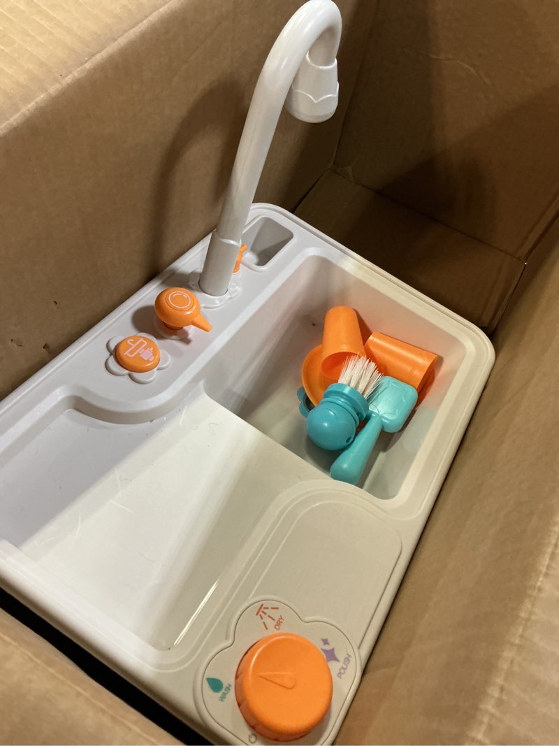 Condition photo showing As Is for JOVA lalalark Color Changing Play Sink with Running Water, Kids Sink Toy with Electric Dishwasher, Chopping Sounds and Automatic Water Cycle System, Pretend Kitchen Sink for Toddler Birthday Gift Blue