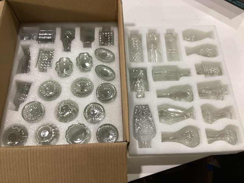 Condition photo showing New/Like New for 36pcs bud vases set small vintage glass bottles clear bud vases in bulk multiple shape cute glass vases for rustic wedding centerpieces table decorations and home decor(clear)