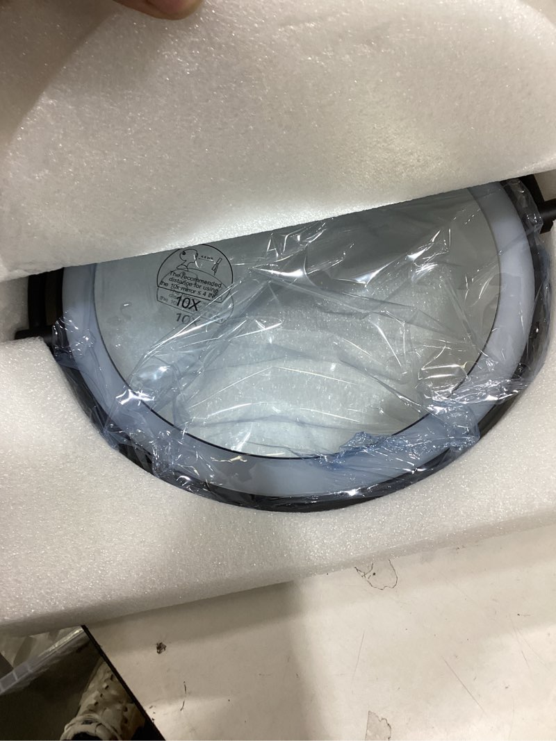 Condition photo showing New/Like New for Gospire 9” Wall Mounted Lighted Magnifying Mirror, 1X/10X Magnification Double-Sided LED Bathroom Mirror, 3 Color Lights & Stepless Dimming with Touch Sensor, Extendable Arm 360° Swivel for Shaving 9"L x 9"W Black