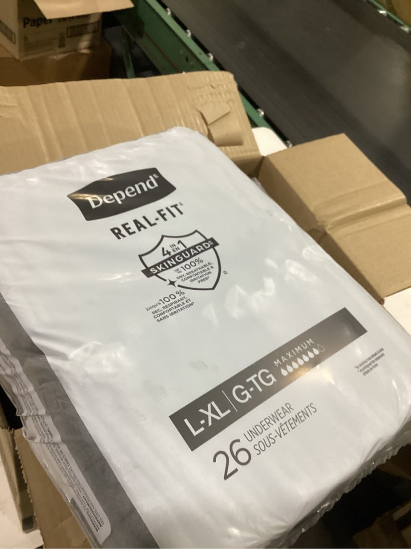Condition photo showing Good Condition for depend real fit adult diapers, incontinence underwear for men, disposable, maximum absorbency, large/extra large, black, 52 count (2 packs of 26), packaging may vary
