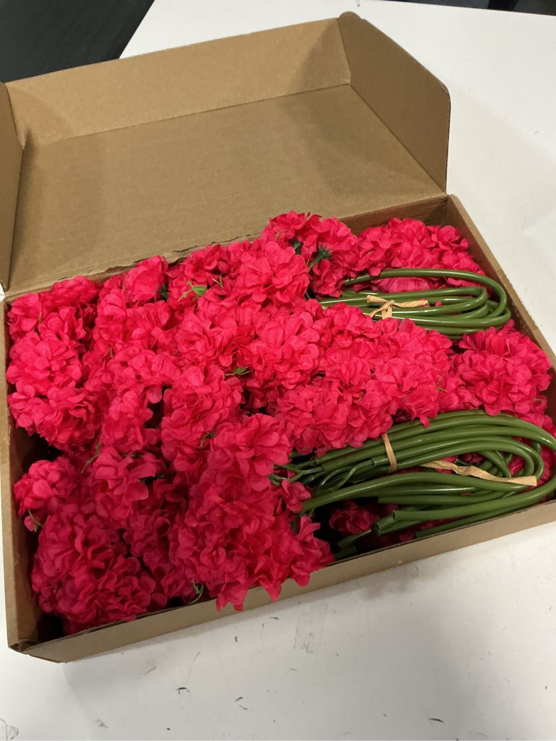 Condition photo showing Good Condition for Ovveroche 72 Pcs Hot Pink Hydrangea Artificial Flowers, Round Floral Bouquet for Home Decor, Wedding, Party, and Seasonal Decoration, Realistic Fake Flowers for Centerpieces, Aisle, Table Arrangements