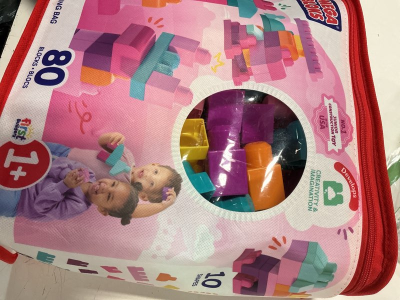 Condition photo showing Good Condition for MEGA BLOKS First Builders Toddler Blocks Toys Set, Big Building Bag Collection with 80 Pieces and Storage, Pink, Ages 1+ Years Multicolor