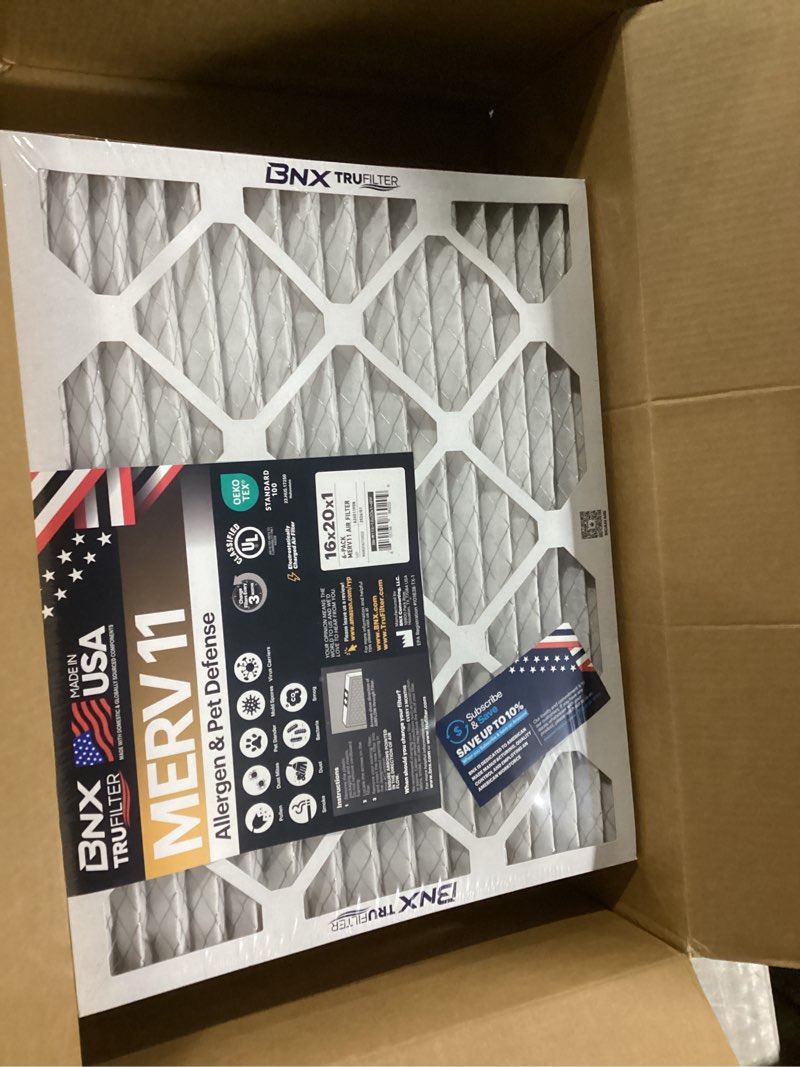 Condition photo showing Good Condition for BNX TruFilter 16x20x1 Air Filter MERV 11 (6-Pack) - MADE IN USA - Allergen Defense Electrostatic Pleated Air Conditioner HVAC AC Furnace Filters for Allergies, Dust, Pet, Smoke, Allergy MPR 1200 FPR 7 16x20x1 6-pack