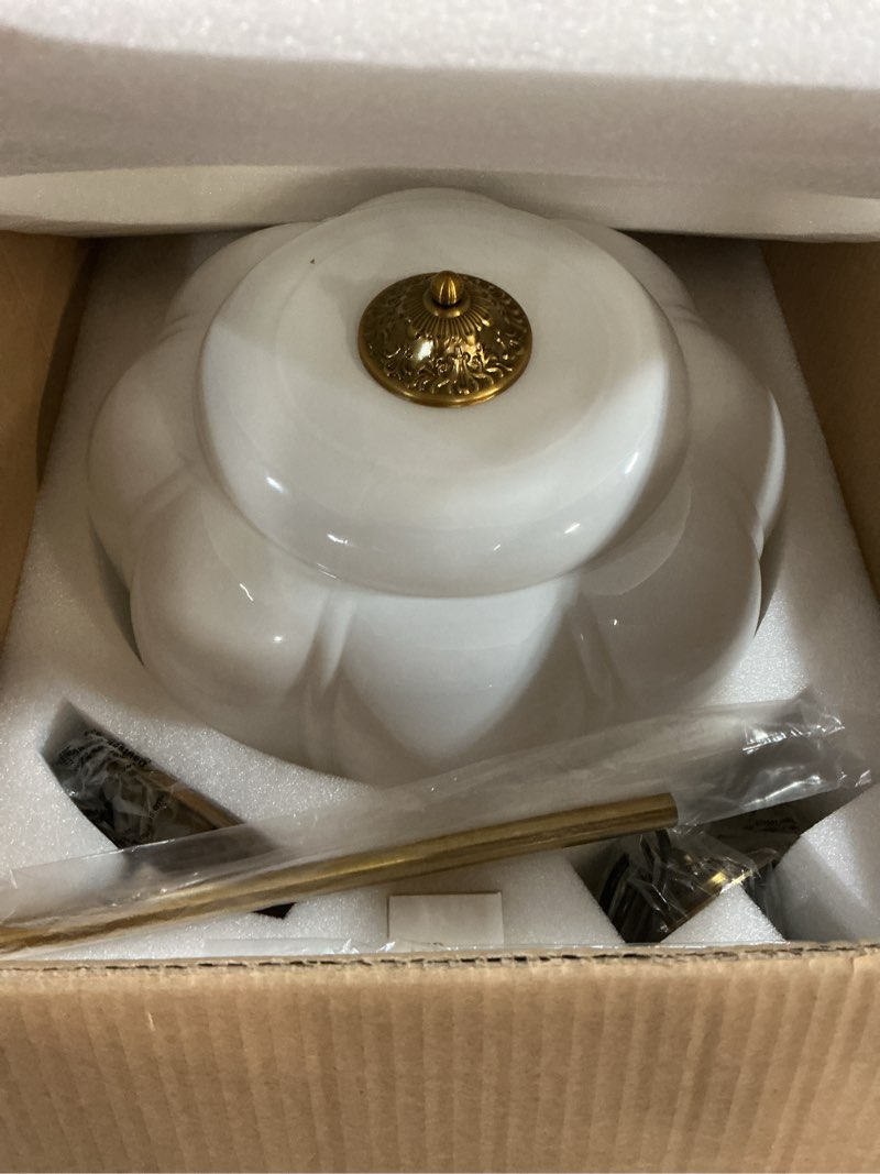 Condition photo showing Good Condition for 15in White Milk Glass Ceiling Light Fixture, LED Bulb Included, Vintage Semi Flush Mount Pendant Light Antique Brass Mid Century Art Deco Chandelier for Kitchen Dining Room Hallway Bedroom White 15in