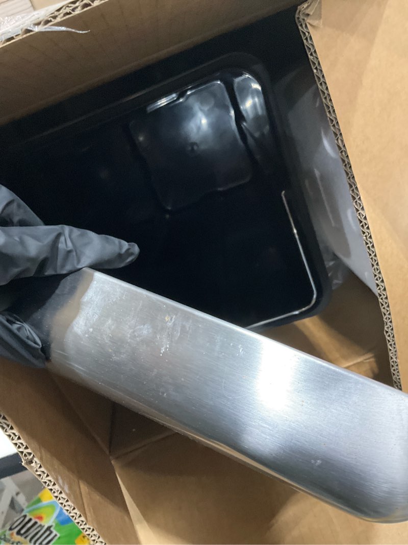 Condition photo showing As Is for happimess HPM1007D Betty Retro 8-Gallon Step-Open Trash Can with Soft-Close Lid, Fingerprint Resistant, Modern, Minimalistic for Home, Kitchen, Laundry Room, Office, Bedroom, Bathroom, Chrome