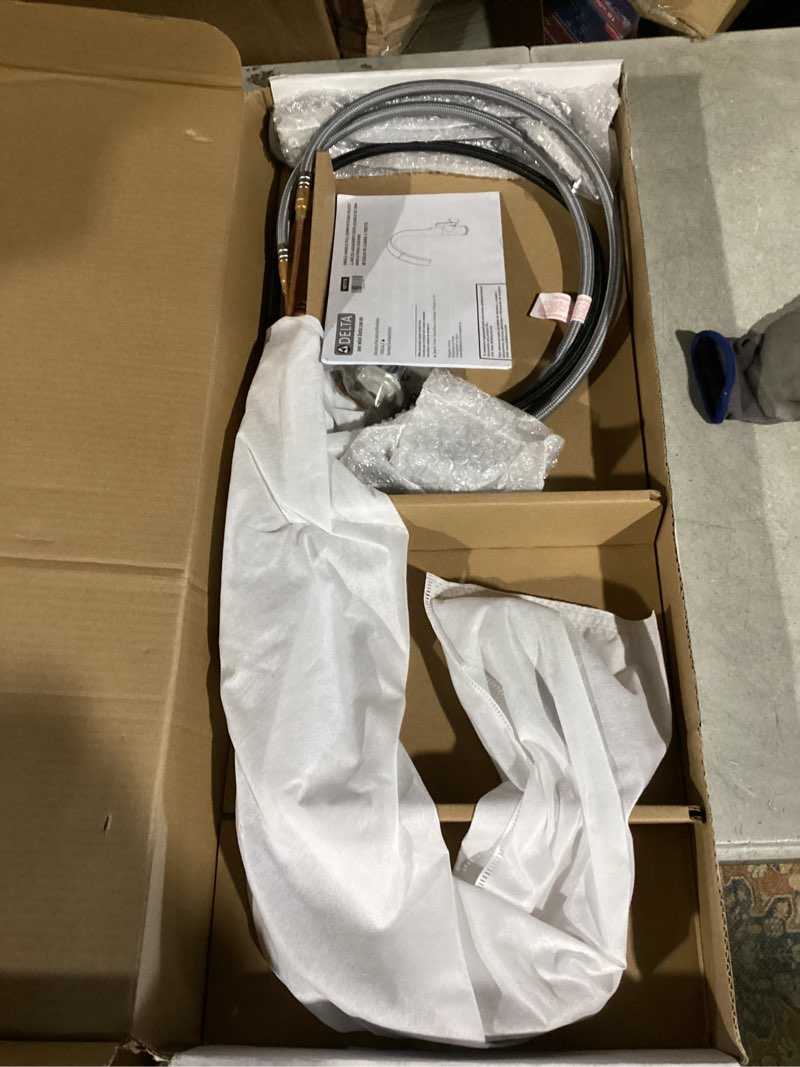 Condition photo showing Good Condition for delta keele brushed nickel kitchen faucet with pull down sprayer, modern single hole kitchen sink faucet, single handle, spotshield stainless 19824lf-sp