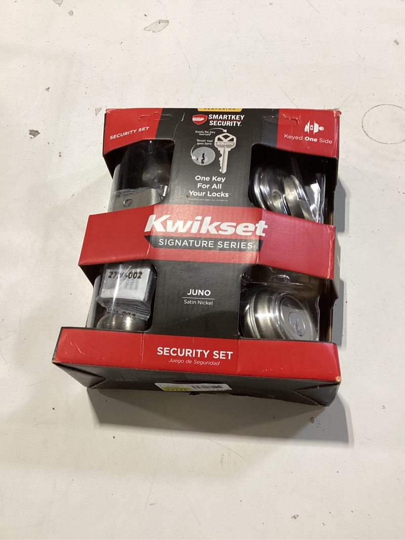 kwikset signature series juno satin nickel exterior single-cylinder deadbolt and keyed entry door