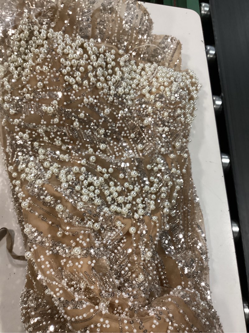 Condition photo showing Good Condition for women's square neck sequin beaded mermaid formal evening dress spaghetti strap bodycon prom party cocktail maxi gown #1 champagne xx-large
