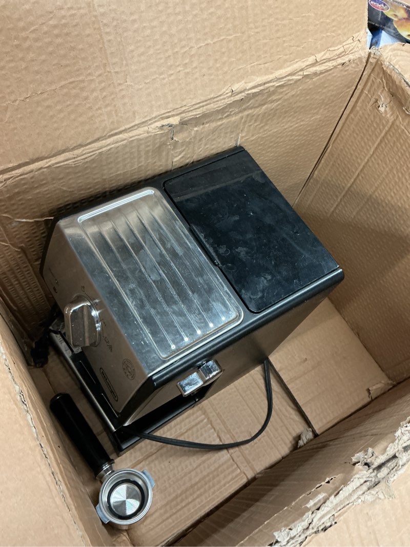 Condition photo showing As Is for De'Longhi 15-Bar Pump Espresso Machine with Milk Frother & Temperature Control - Compact Home Barista Coffee Maker for Espresso, Latte, Cappuccino & Iced Coffee, Easy to Clean Design Black/Stainless Steel