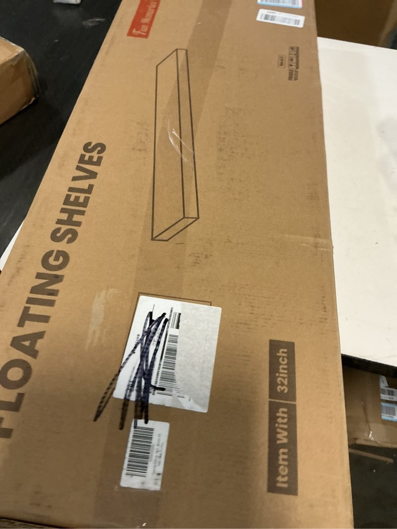 Condition photo showing New/Like New for Fun Memories Deep Floating Shelves, 32W x 12D Black Wall Shelves, 32 Long Rustic Wood Wide Storage Shelves for Bedroom, Kitchen, Farmhouse, Laundry Room, Bedroom, Kitchen, Home Office- Set of 3 Black 32"W x12"D - 2P