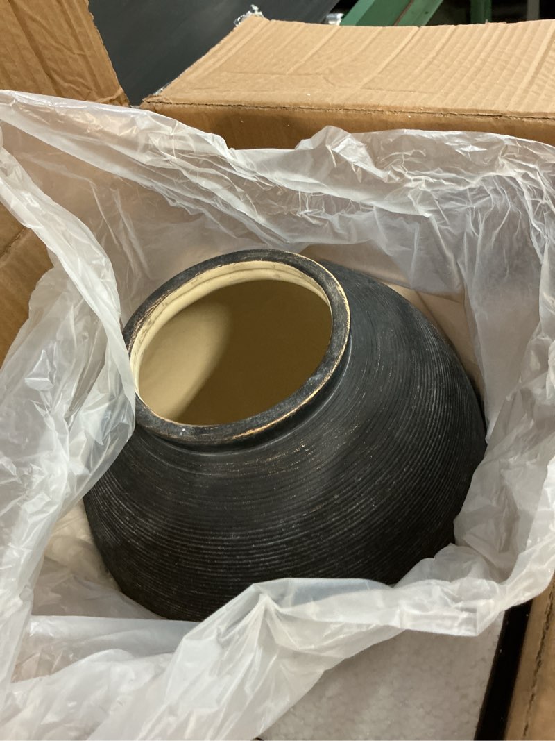 Condition photo showing Good Condition for Large Black Ceramic Vase Home Decor, Round Farmhouse Table & Floor Vases Rustic Vintage Living Room Entrway Kitchen Bedroom Decorations?Minimalist Hand-Made Textured Vase (10.8” H Black Bronze) 10.8"-Oval Black Bronze-10.8"