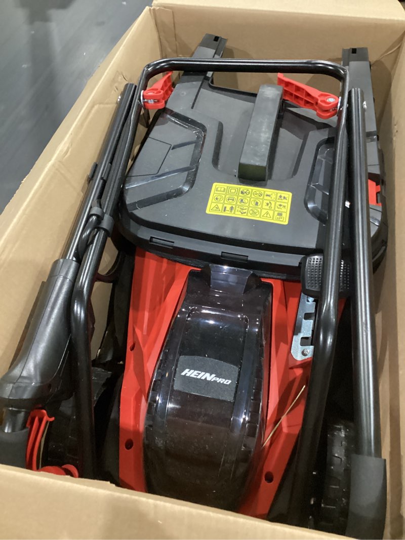 Condition photo showing As Is for heinpro 14" cordless lawn mower compatible with milwaukee m18 battery, 2-in-1 brushless electric lawn mower for small yards, push mowers with 5-position height adjustment, red (tool only)
