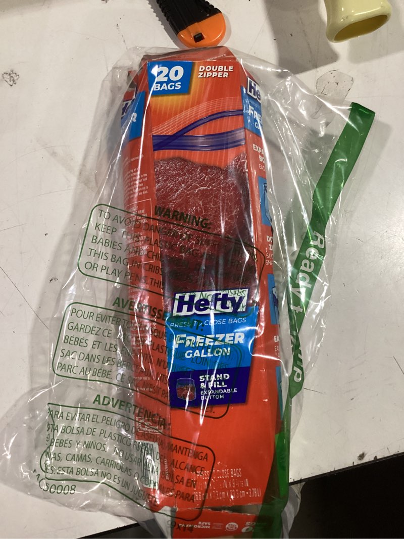 Condition photo showing New/Like New for hefty slider freezer storage bags, gallon size, 20  count