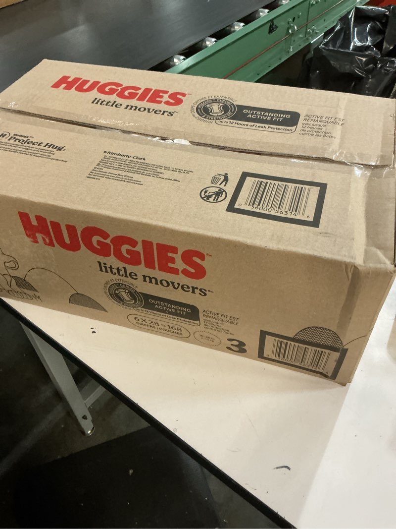 Condition photo showing New/Like New for huggies size 3 diapers, little movers baby diapers, size 3 (16-28 lbs), 168 count (6 packs of 28), packaging may vary