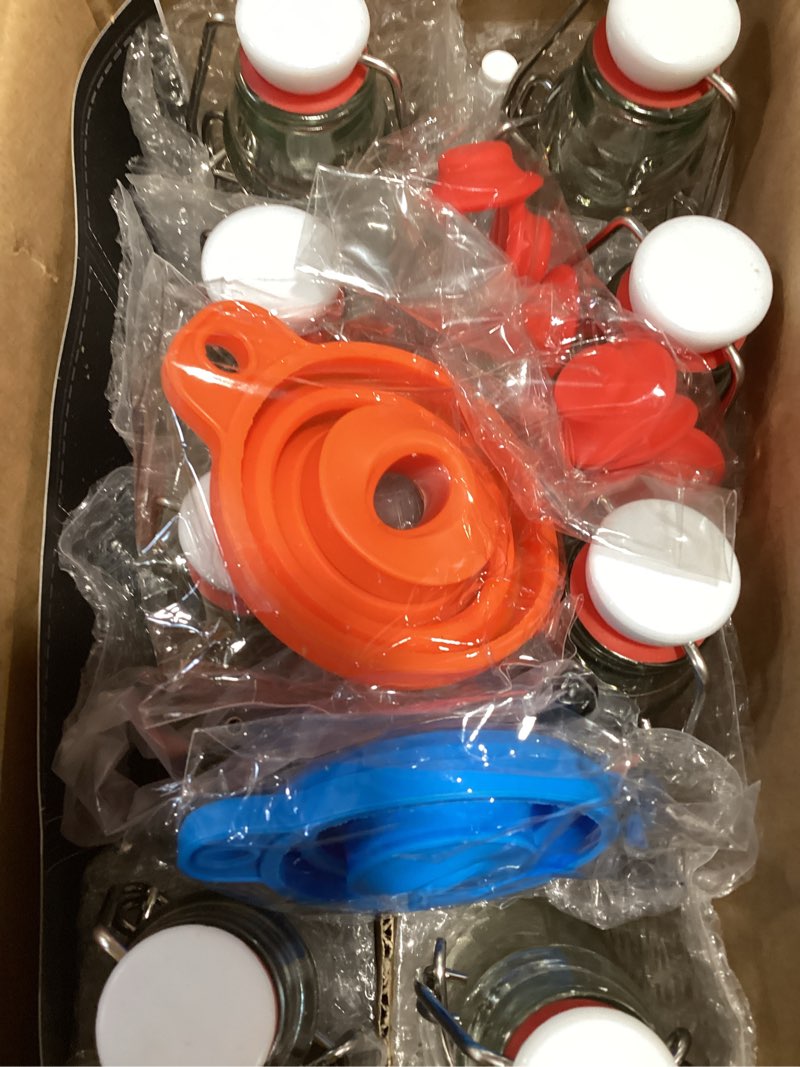 Condition photo showing As Is for 8-pack 8.5oz flip top glass bottles, swing top beer brewing bottle for fermentation, kombucha, kefir, vanilla extract, coquito, juice, soda, tea - airtight stopper cap lid, bonus 2 bottle pourers