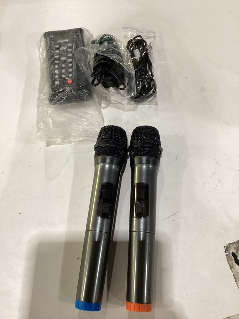 Condition photo showing Good Condition for **untested** moukey karaoke machine, 10\" woofer portable pa system, bluetooth speaker with 2 wireless microphones, lyrics display tablet holder, party lights & echo/treble/bass adjustment support rec/aux/usb/tf