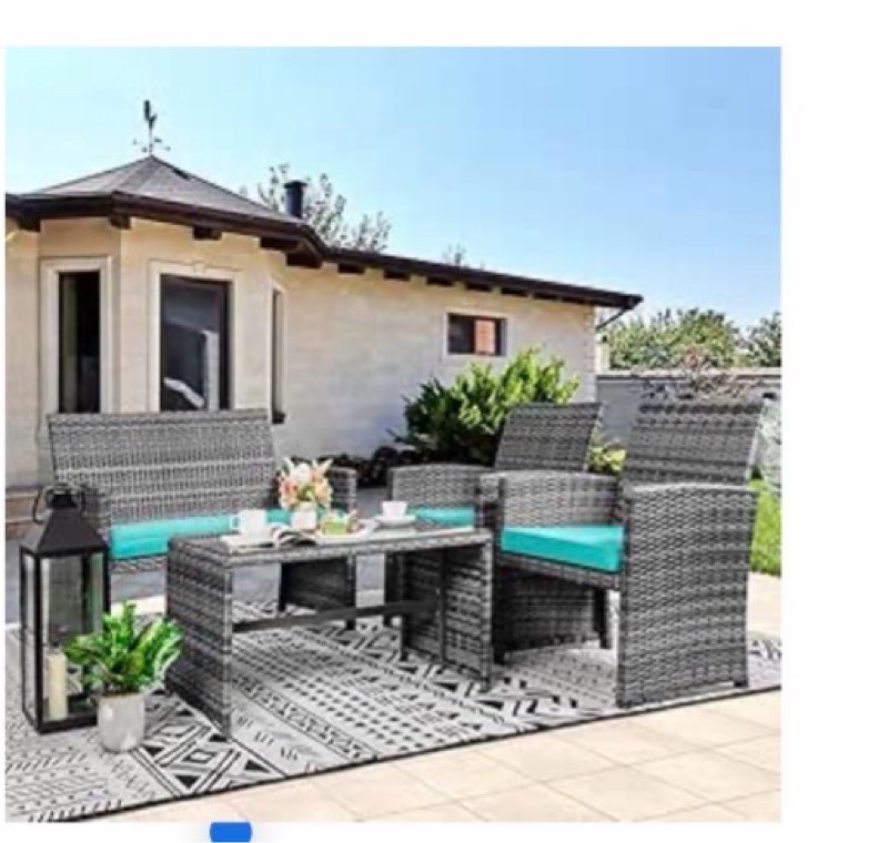  Click to see full view                      Vongrasig 4 Piece Patio Furniture Set Small Outdoor Wicker Rattan Front Porch Bistro Set Cushioned Patio Chairs Conversation Set with Glass Table for Lawn, Garden, Backyard, Balcony, Poolside (Blue