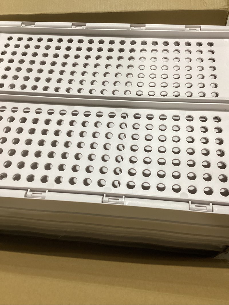 Condition photo showing As Is for snslxh 5 pack stackable closet storage basket, multifunctional & foldable closet organizer for bathroom kitchen laundry room wardrobe storage, space-saving clothes storage drawer organizer, white white 5 pack